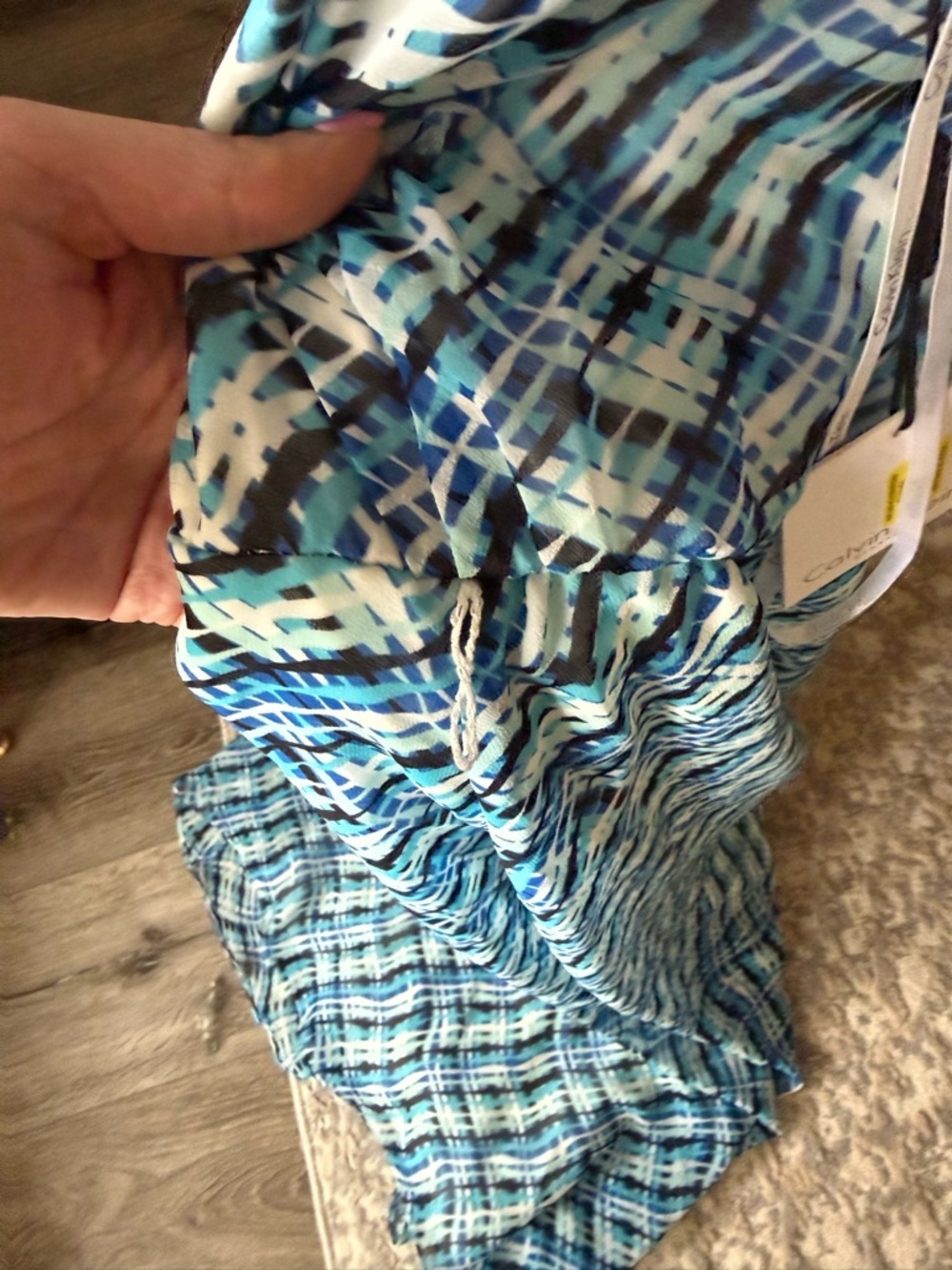NWT Calvin Klein Halter Maxi Dress Blue Abstract Print Chiffon Ruched Size 14 - Picture 5 of 10